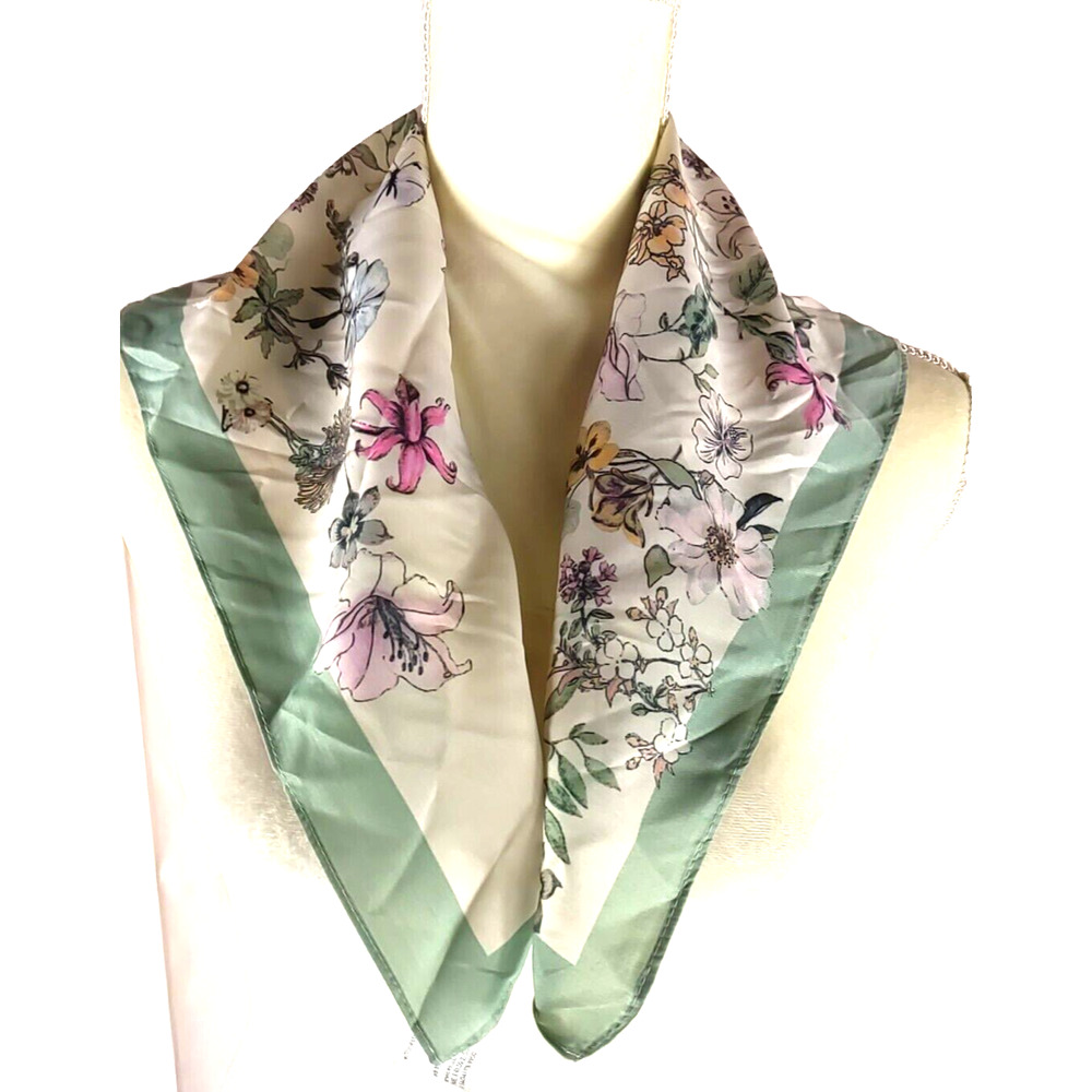 Bee Line Scarf Vintage Look Square 23" X 23" Green Pink Floral Butterfly
